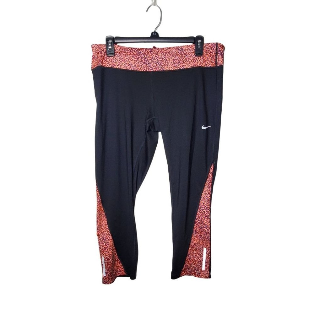 Nike Black Leggings with Red-Orange Printed Panels